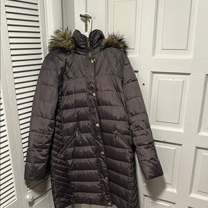 Michael Kors Taupe along Puffer Coat with Hood and Faux Fur Trim